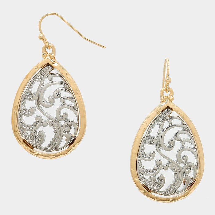 Fligree Teardrop Two Tone Metal Earrings