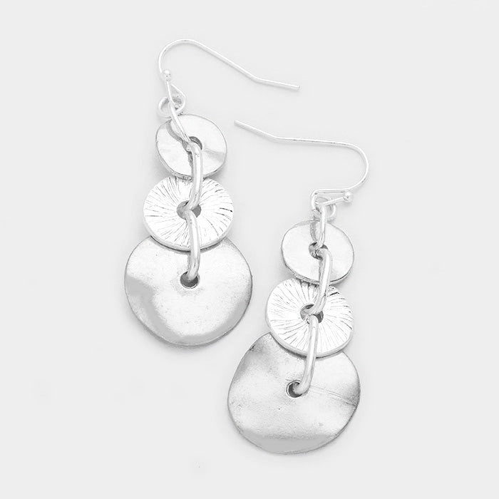 Triple Metal Disc Dangle Earrings Silver Tone