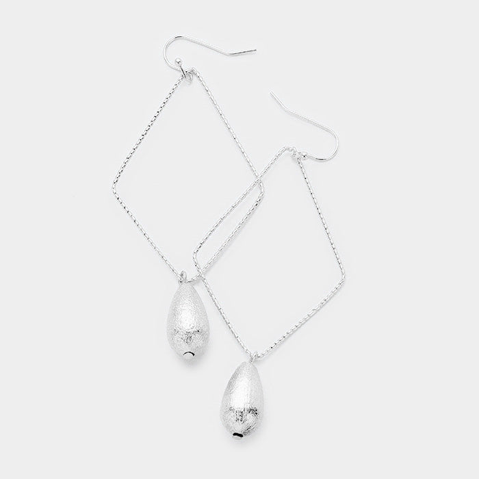 Diamond Shaped Frosted Metal Teardrop Dangle Earrings Matte Silver