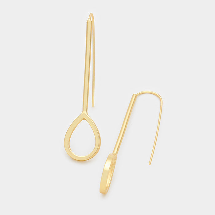 Teardrop Long Fish Hook Metal Earrings Matte Gold Tone