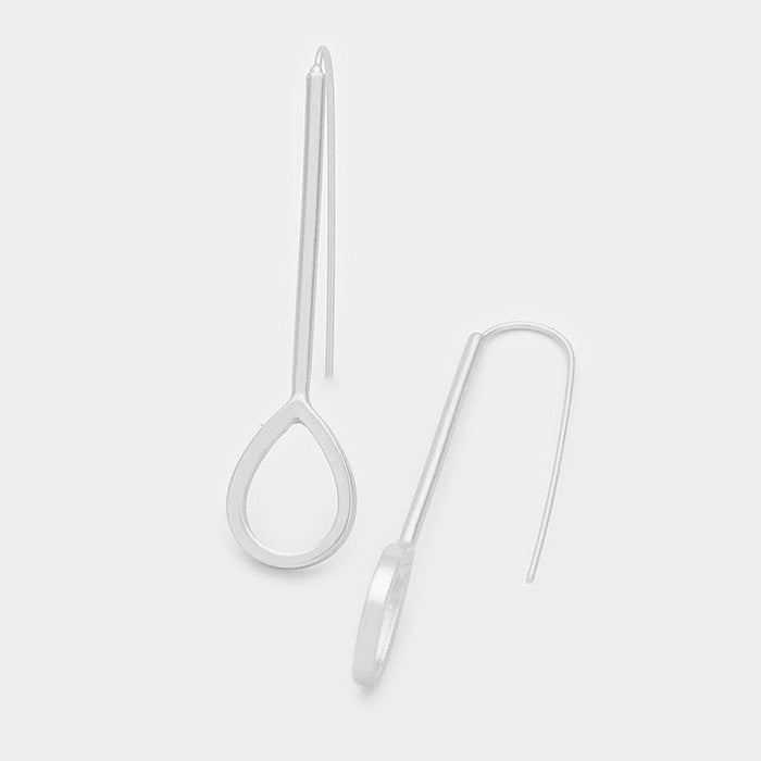Teardrop Long Fish Hook Metal Earrings Matte Silver Tone