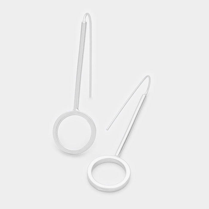 Round Long Fish Hook Metal Earrings Matte Silver Tone
