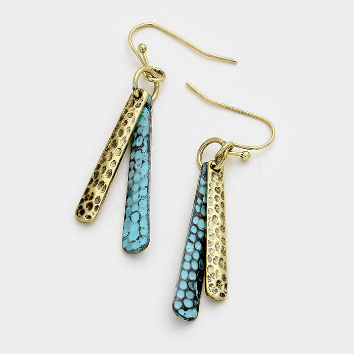 Two Tone Embossed Double Metal Bar Dangle Earrings