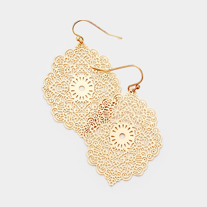 Filigree Metal Laser Cut Out Dangle Earrings Gold Tone Matte