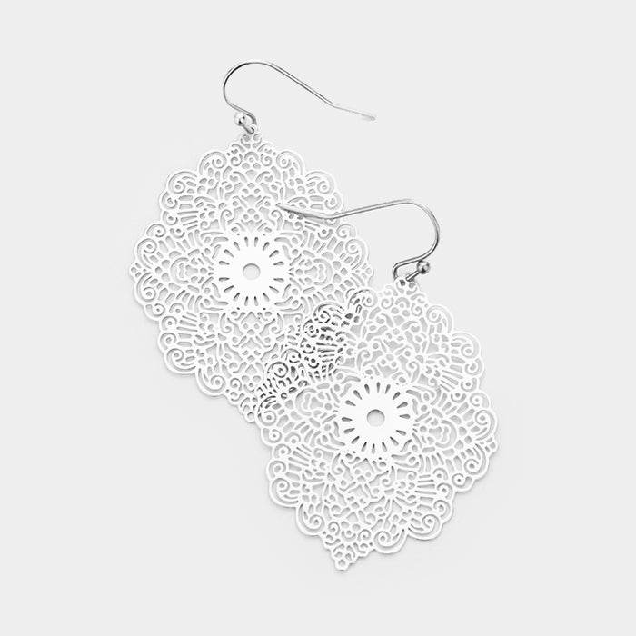Filigree Metal Laser Cut Out Dangle Earrings Silver Tone Matte