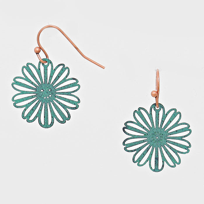 Flower Small Drop Laser Cut Out Metal Earrings Verdigris