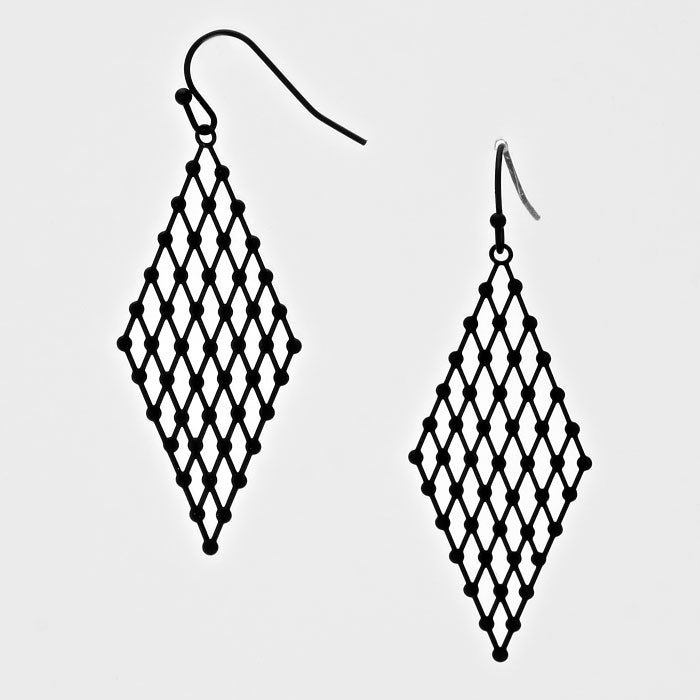 Metal Diamond Shape Filigree Laser Cut Out Earrings Black