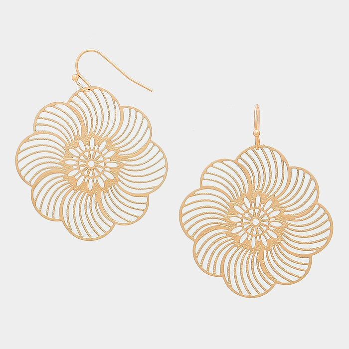 Metal Mesh Laser Cut Out Flower Earrings Gold Tone