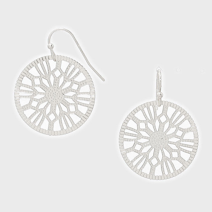 Metal Circle Shape Filigree Laser Cut Out Earrings Matte Silver Tone