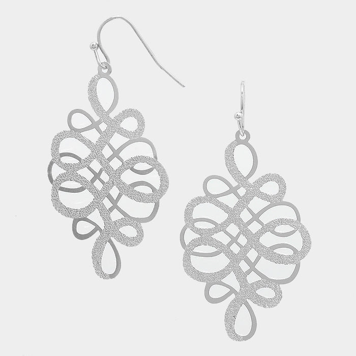 Rhythmic Swirl Laser Cut out Metal Earrings Silver Tone