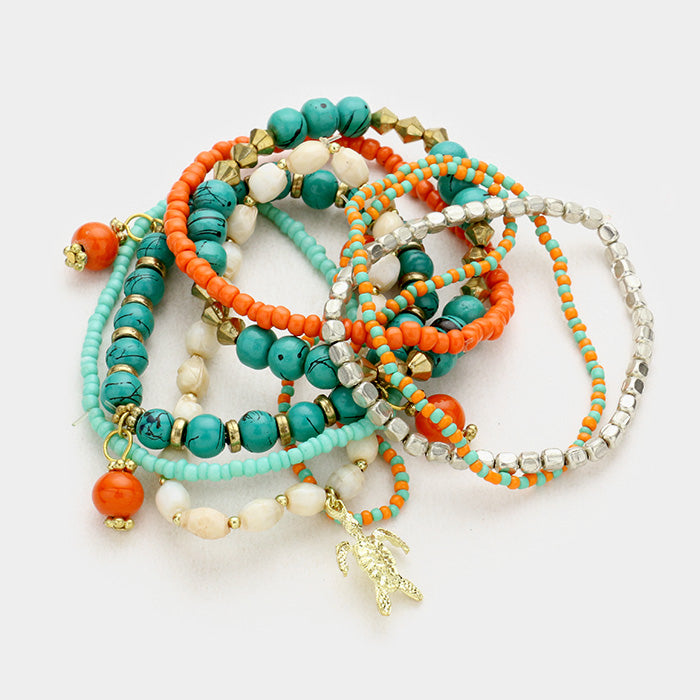 Multi Layered Strand Bead with Turtle Charm Stretch Bracelet