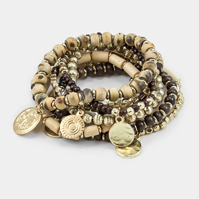 Multi Layered Strand Bead with Charms Stretch Bracelet