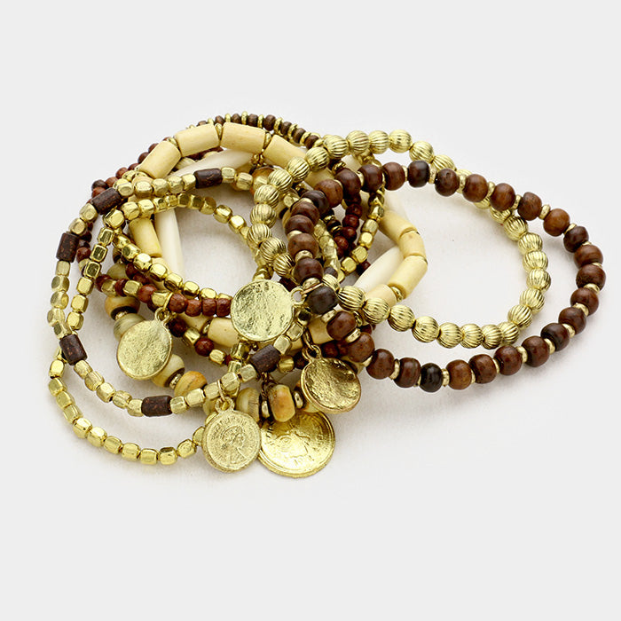 Multi Layered Strand Bead with Charms Stretch Bracelet