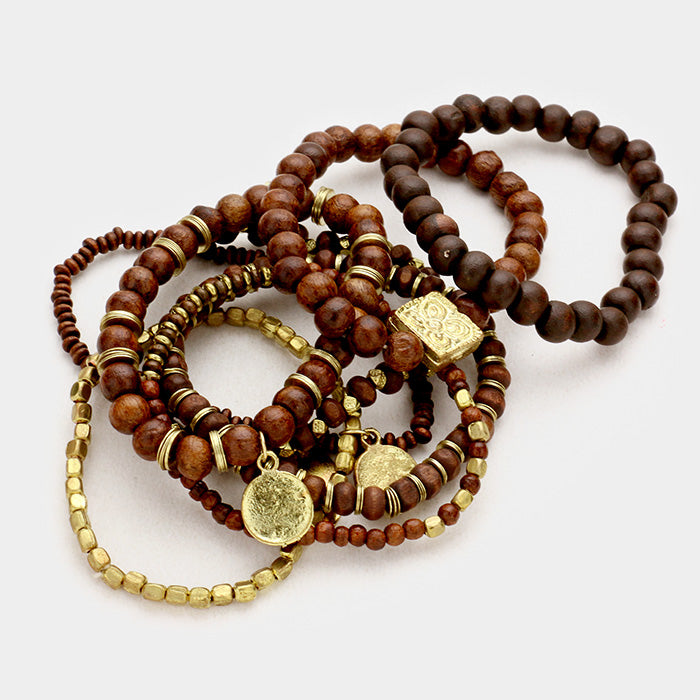 Wood Ball Strand with Charms Stretch Bracelet
