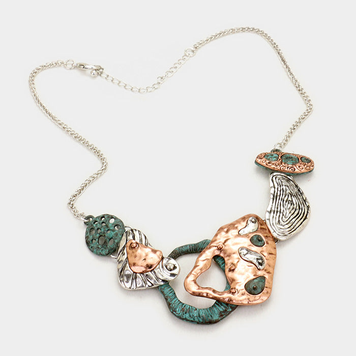 Tri Tone Abstract Hammered Metal Link Necklace