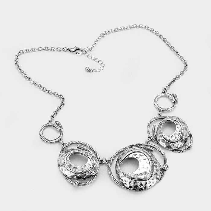 Antiqued Silver Tone Textured Abstract Metal Link Necklace
