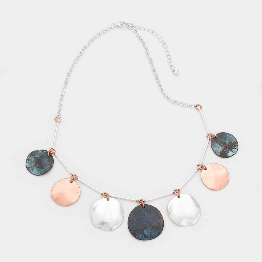 Hammered Metal Round Drop Collar Necklace Tri-Tone