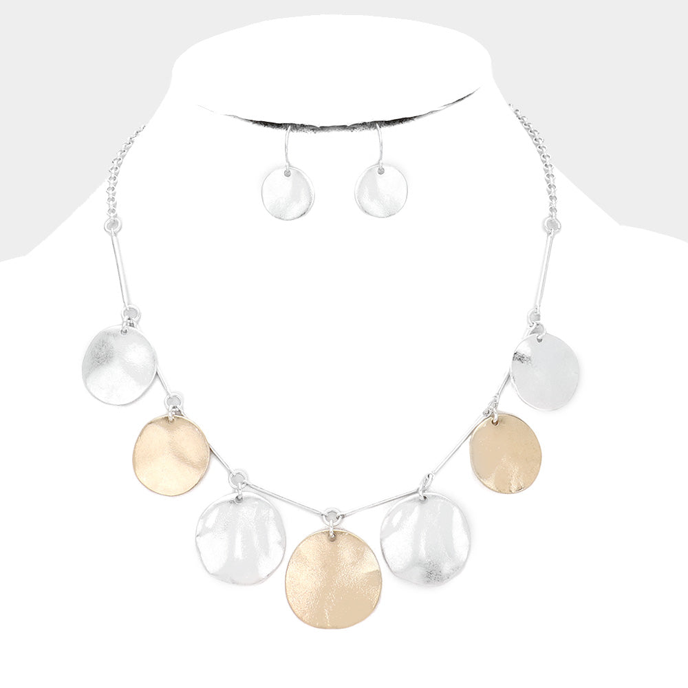 Hammered Metal Round Drop Collar Necklace Two Tone