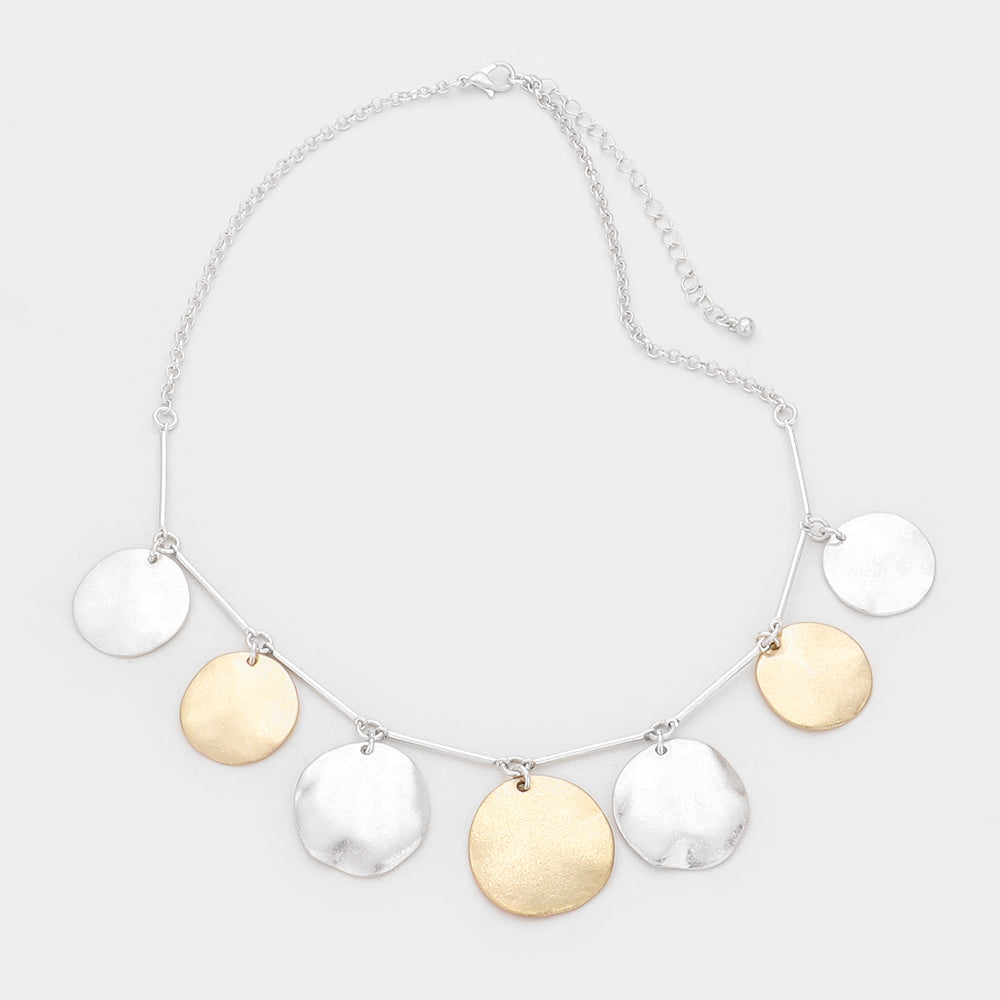 Hammered Metal Round Drop Collar Necklace Two Tone