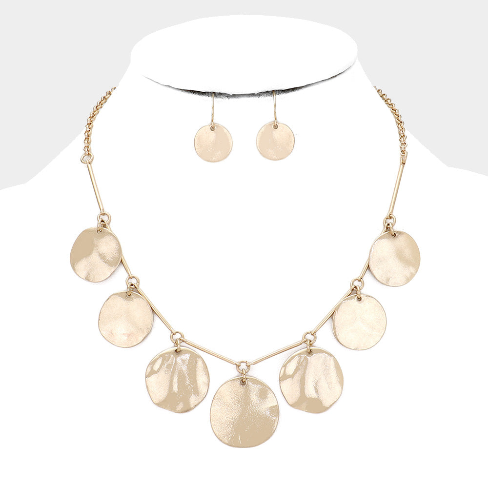 Hammered Metal Round Drop Collar Necklace Gold