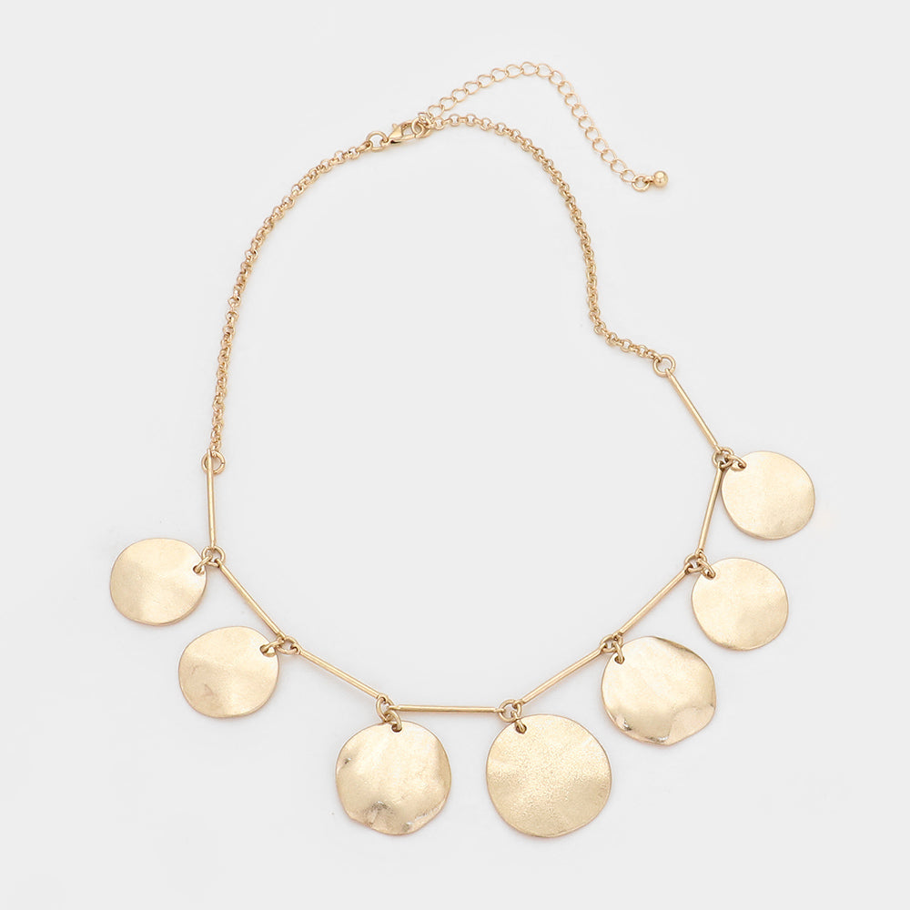 Hammered Metal Round Drop Collar Necklace Gold