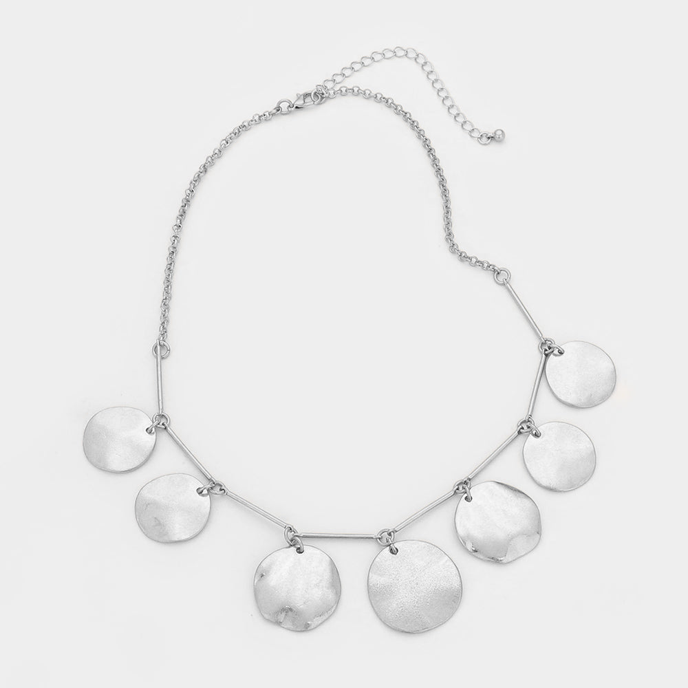 Hammered Metal Round Drop Collar Necklace Silver