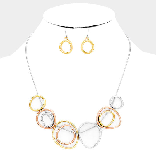 Multi Irregular Open Circle Tri-Tone Necklace