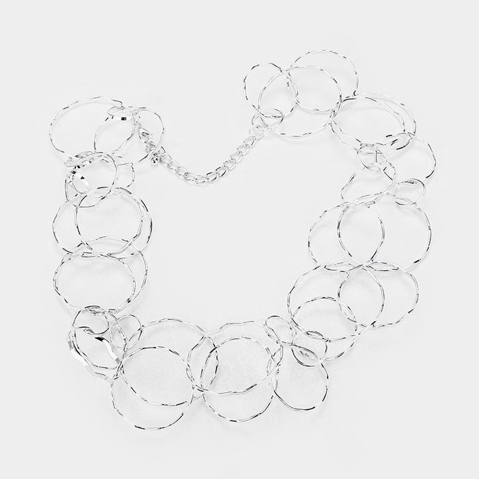 Layered Metal Hoop Link Short Necklace Silver Tone