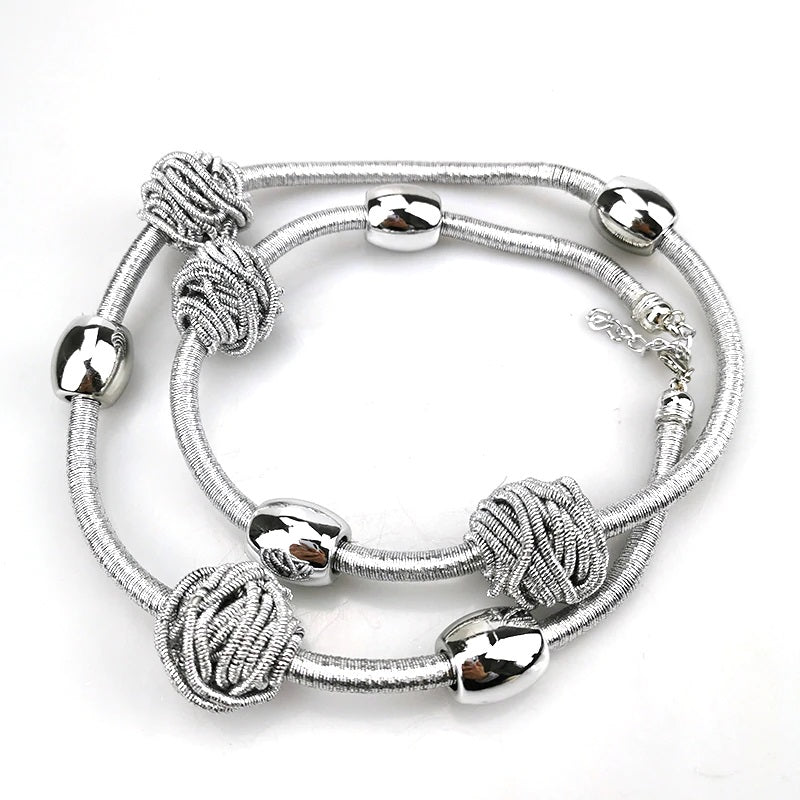 Silver Cord and Bead Long Necklace with Knotted Design Accents