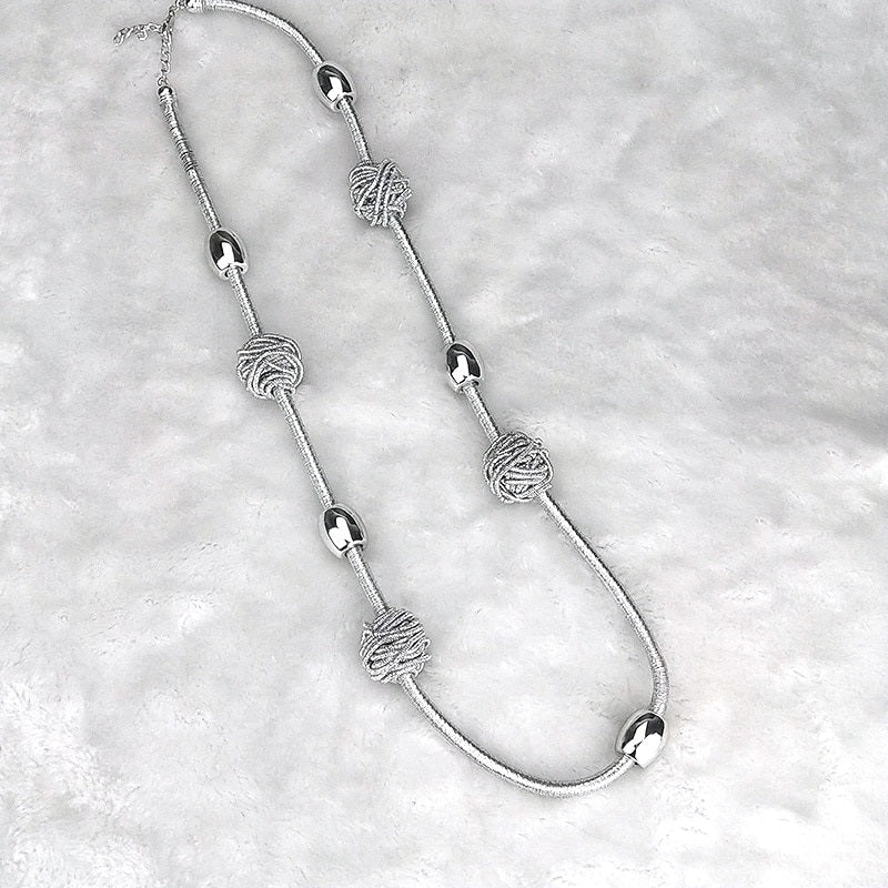 Silver Cord and Bead Long Necklace with Knotted Design Accents