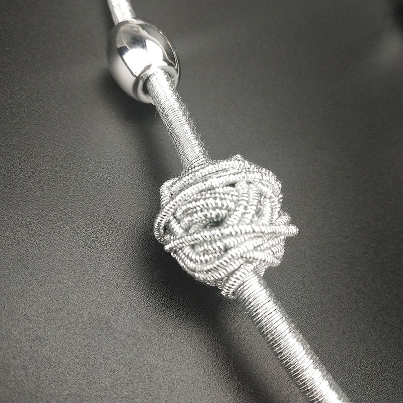 Silver Cord and Bead Long Necklace with Knotted Design Accents