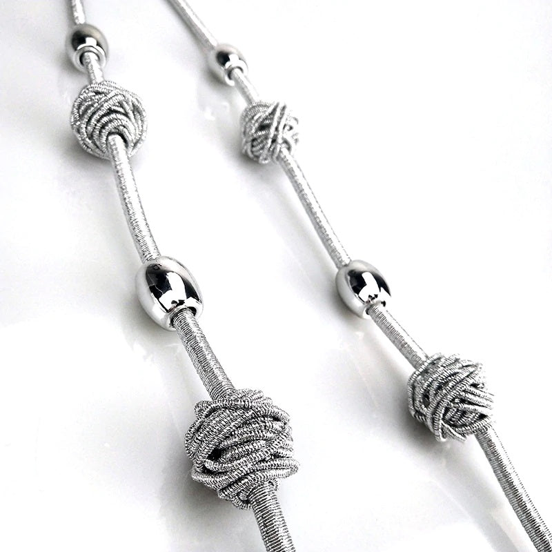 Silver Cord and Bead Long Necklace with Knotted Design Accents