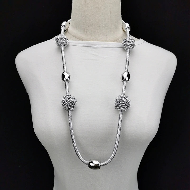 Silver Cord and Bead Long Necklace with Knotted Design Accents
