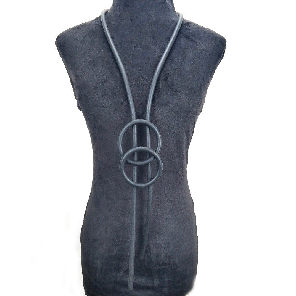 Recycled Rubber/Silicone Long Geometric Double Circle Pendant Necklace
