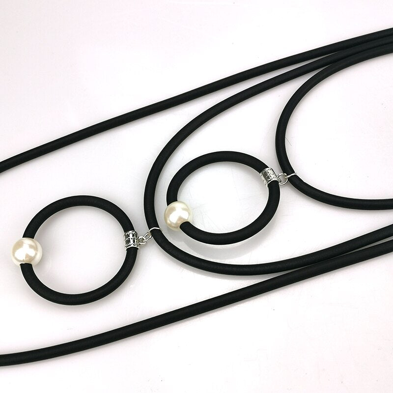 Recycled Rubber/Silicone Geometric Multi Strand Faux Pearl Accent Long Necklace