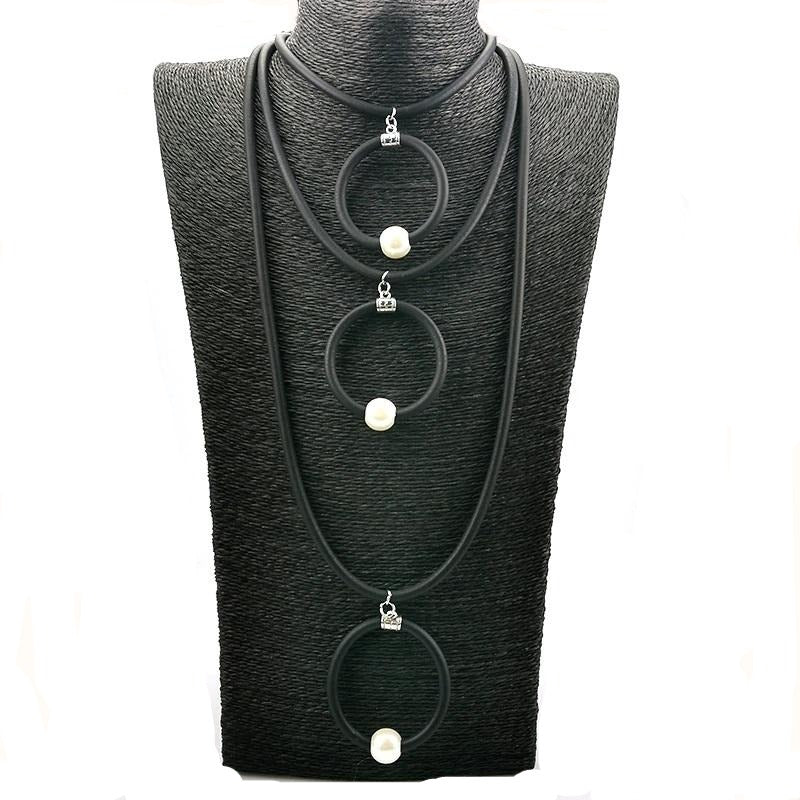 Recycled Rubber/Silicone Geometric Multi Strand Faux Pearl Accent Long Necklace