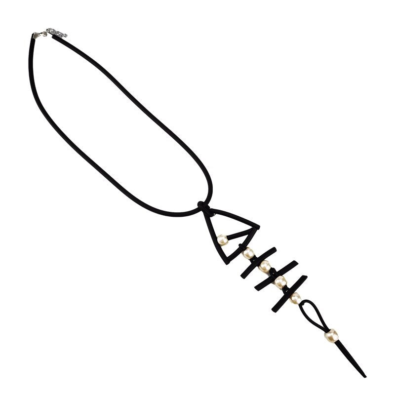 Recycled Rubber/Silicone Long Fish Bone Pendant with Faux Pearls Geometric Necklace