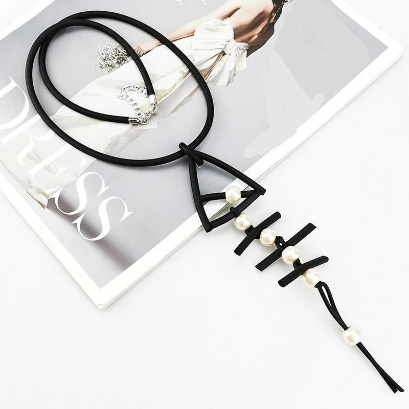 Recycled Rubber/Silicone Long Fish Bone Pendant with Faux Pearls Geometric Necklace