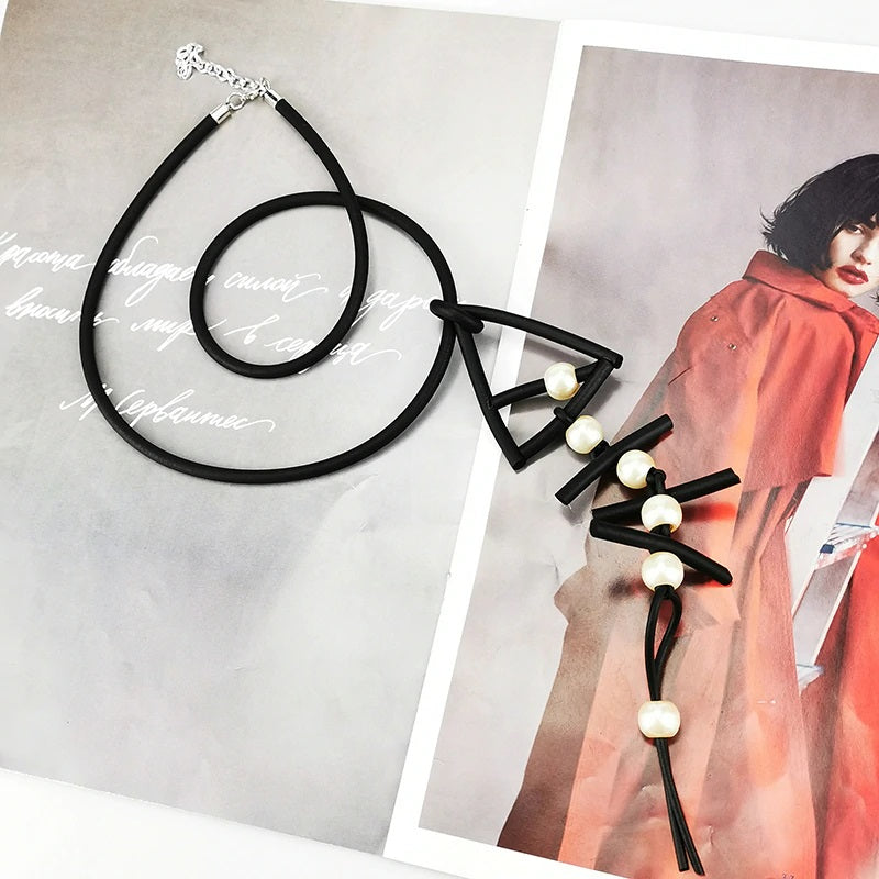 Recycled Rubber/Silicone Long Fish Bone Pendant with Faux Pearls Geometric Necklace