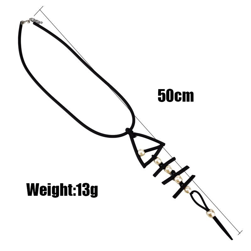 Recycled Rubber/Silicone Long Fish Bone Pendant with Faux Pearls Geometric Necklace
