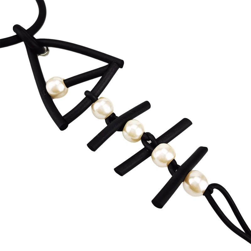 Recycled Rubber/Silicone Long Fish Bone Pendant with Faux Pearls Geometric Necklace
