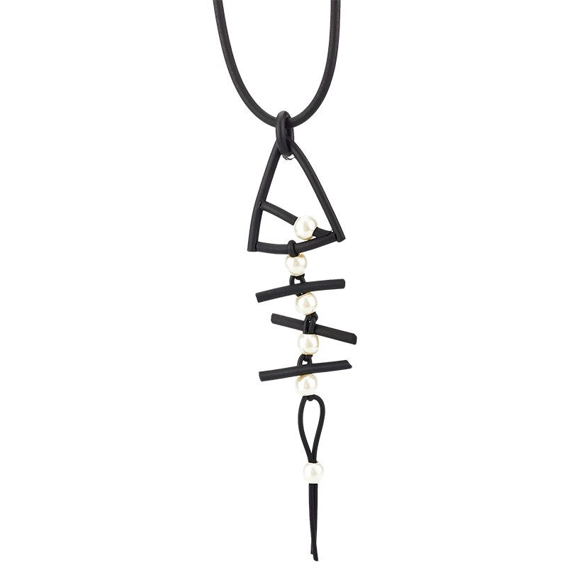 Recycled Rubber/Silicone Long Fish Bone Pendant with Faux Pearls Geometric Necklace