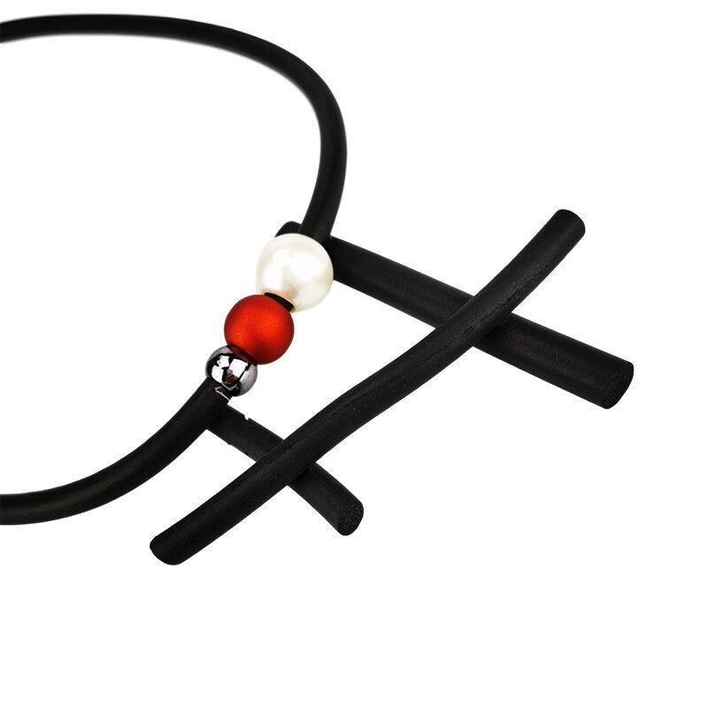 Recycled Rubber/Silicone Geometric Faux Pearl Short Necklace Single Strand