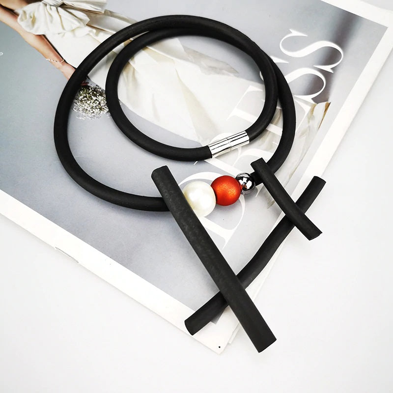 Recycled Rubber/Silicone Geometric Faux Pearl Short Necklace Single Strand