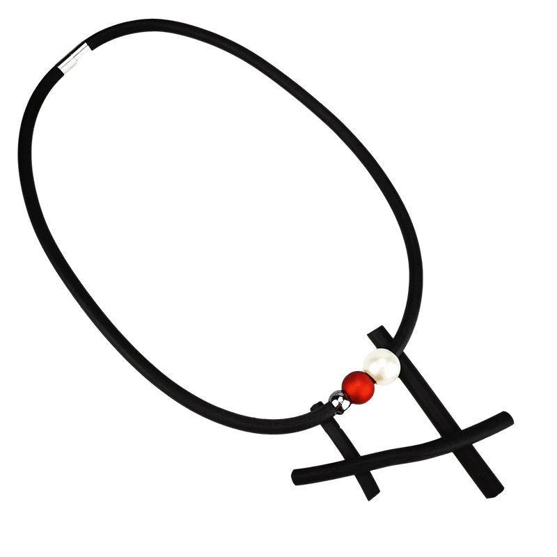 Recycled Rubber/Silicone Geometric Faux Pearl Short Necklace Single Strand