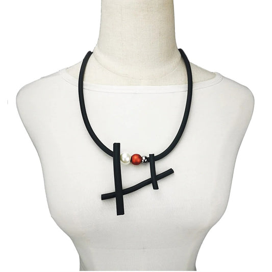 Recycled Rubber/Silicone Geometric Faux Pearl Short Necklace Single Strand