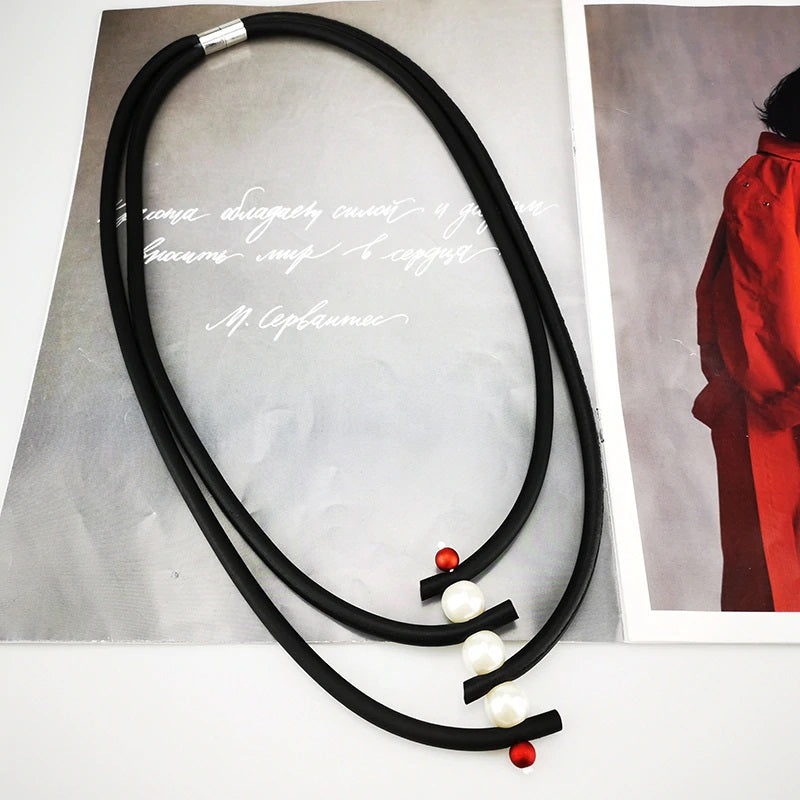 Recycled Rubber/Silicone Geometric Faux Pearl Short Necklace Multi Strands