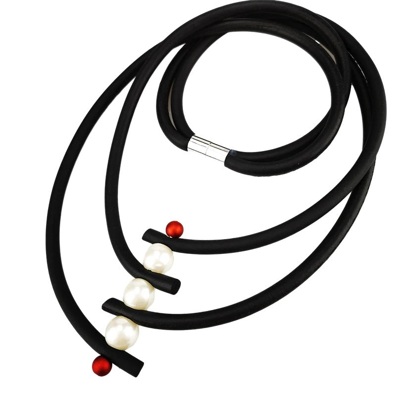 Recycled Rubber/Silicone Geometric Faux Pearl Short Necklace Multi Strands