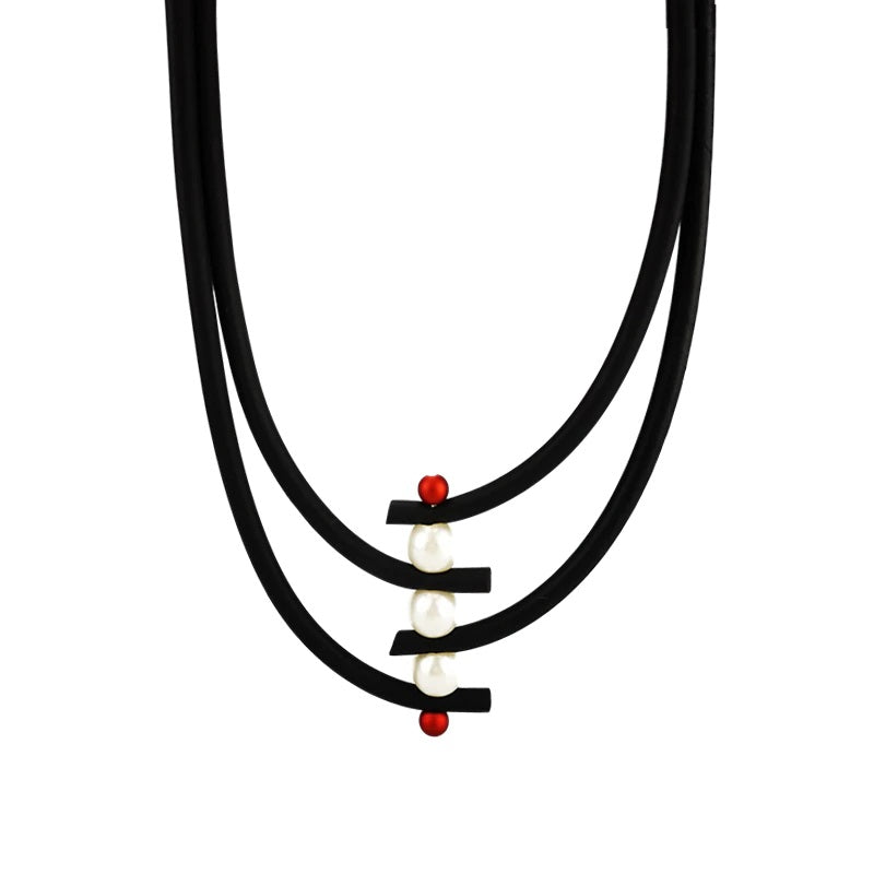 Recycled Rubber/Silicone Geometric Faux Pearl Short Necklace Multi Strands