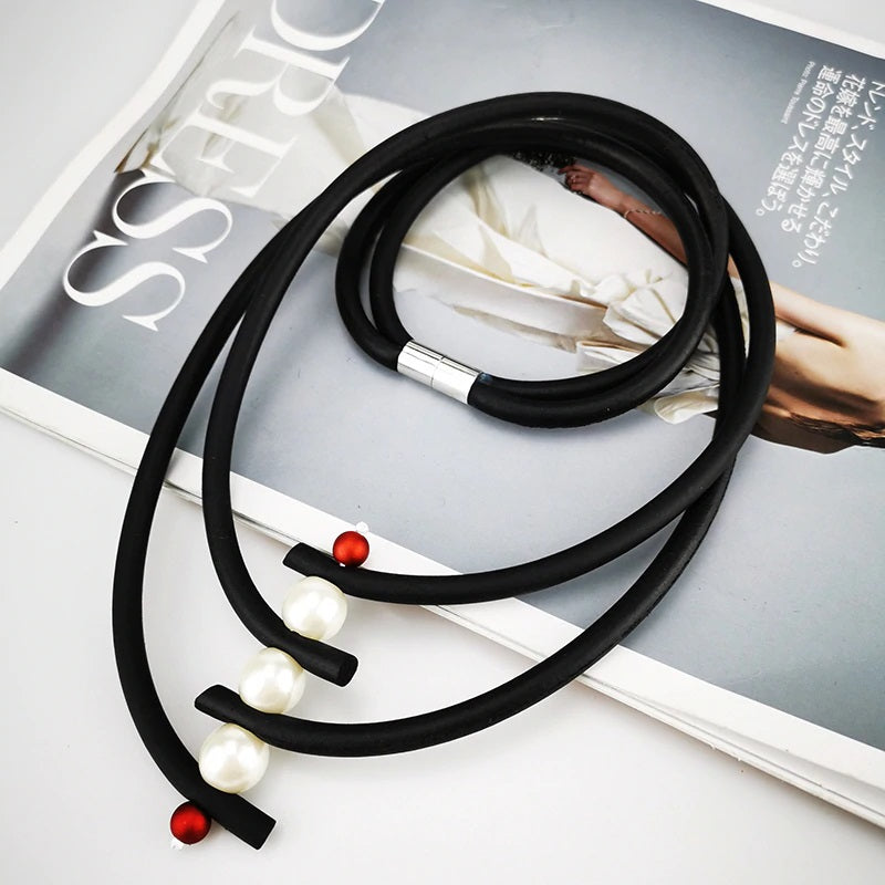 Recycled Rubber/Silicone Geometric Faux Pearl Short Necklace Multi Strands